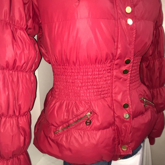 Bebe Cherry Red Bomber Puffer Gold Belted Jacket - Picture 4 of 15